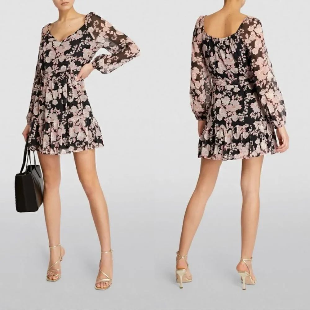 Paige Simi Mini Black Dress Floral Blouse Wrap Size L